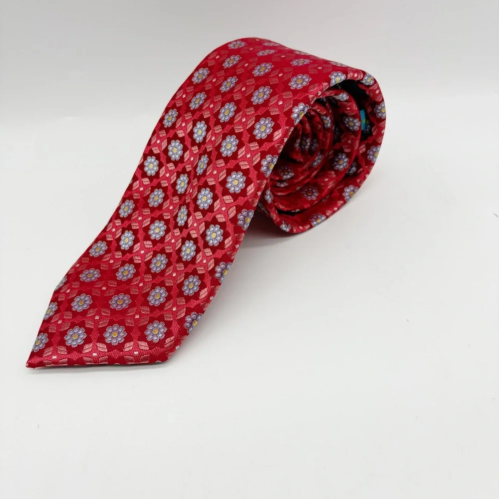 Ted Baker Tie Men OS Red Floral Geometric Silk Formal Business Necktie